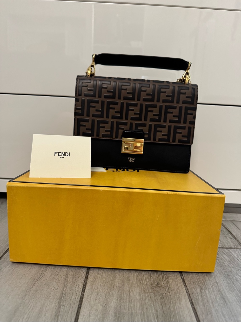 Fendi Brown & Black FF Logo Satchel with Gold Hardware
